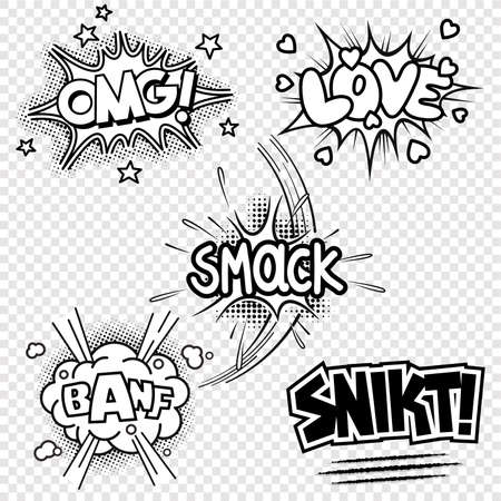 Set of five black and white vector illustrations of comic sound effectsのイラスト素材