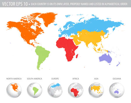 Vector Colorful World Map with all continents in different colors and Earth globe with matching colors.のイラスト素材