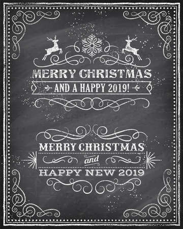 Vector Christmas Greeting Card with Chalk drawn "Merry Christmas and Happy new 2019 year" and a very cool background chalkboard. The art is fully layered for ease of editing.のイラスト素材