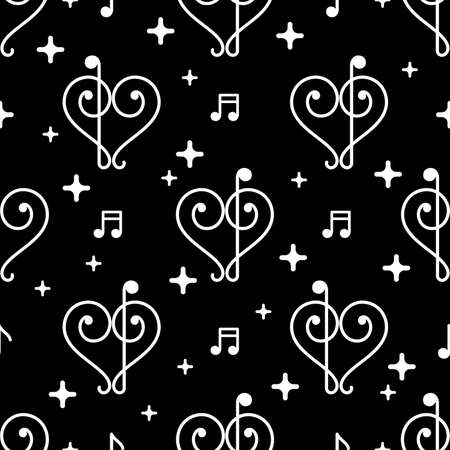 Vector Love Music Black Pattern with notes, stars and hearts formed by music clefsのイラスト素材