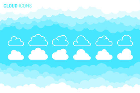 Set of flat and outlined clouds icons inside a nice cloudy skyのイラスト素材