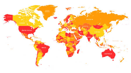Colored Vector map of the World in shades of yellow and red with White country Borders, isolated on White Backgroundのイラスト素材