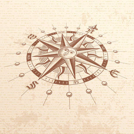 Vector hi quality Illustration of a Perspective view of an Antique Compass Rose on a vintage paper.のイラスト素材