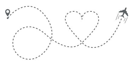 Love travel route. Airplane line path vector icon of air plane flight route with start point and dash line traceのイラスト素材