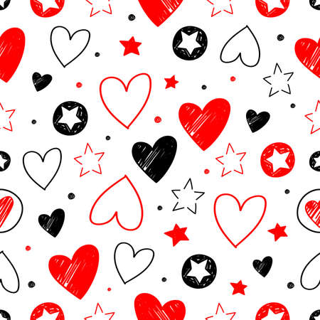 Set of hand drawn stars and hearts. Grunge elementsのイラスト素材