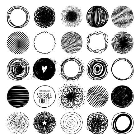 Hand drawn circle line sketch set. Vector circular scribble doodle round circles for message note mark design element. Pencil or pen graffiti bubble or ball draft illustrationのイラスト素材