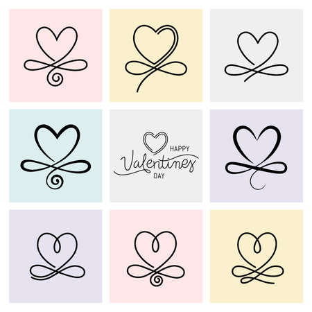 Set of nine vintage Vector Valentines Day Hand Drawn Calligraphic Heartsのイラスト素材