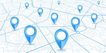 Blue GPS navigator pins on a blue roads map on white backgroundのイラスト素材