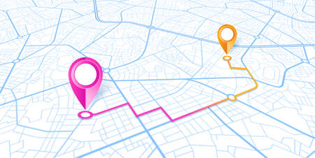 Blue GPS navigator pins on a blue roads map on white backgroundのイラスト素材