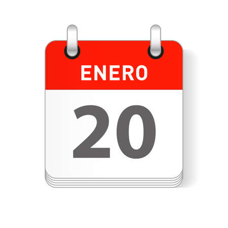 Enero 20, January 20 date visible on a page a day organizer calendar in spanish Languageのイラスト素材