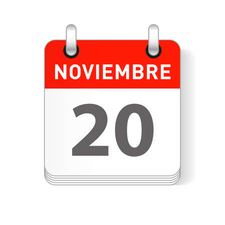 Noviembre 20, November 20 date visible on a page a day organizer calendar in spanish Languageのイラスト素材