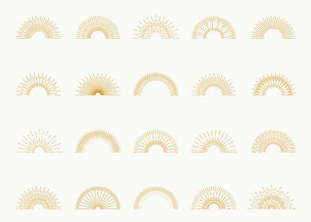 Sunburst set gold style isolated on white background for logo, tag, stamp, t-shirt, banner, emblem.のイラスト素材