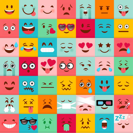 Emoticons vector pattern. Emoji square icons. Cute emoji colorfull illustration. Big set flat cartoon style. Face funny backgoundのイラスト素材