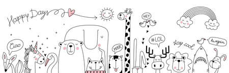 cute cartoon sketch animals for t-shirt print, textile, pillows, patch, kid products, gifts wrapping paperのイラスト素材
