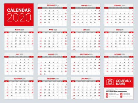 2020 calendar planning. English planner. Ð¡olor vector template. Week starts on Sundayのイラスト素材