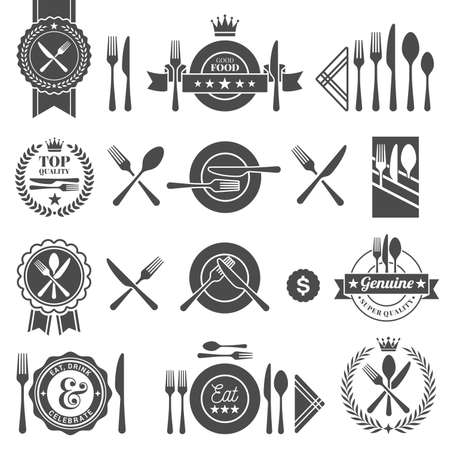 Set cutlery icon vector illustration. Black silhouette of fork, knife, spoon and plate. Table appointments. Menuのイラスト素材