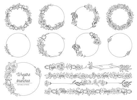 Vector illustration of hand drawn wreaths. Cute doodle floral wreath frame setのイラスト素材