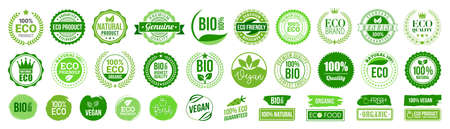 Organic natural bio labels set icon, healthy foods badges, fresh eco vegetarian food â stock vectorのイラスト素材