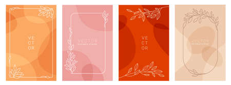 Vector design templates in simple modern style with copy space for text, flowers and leaves - wedding invitation backgrounds and frames, social media stories wallpapersのイラスト素材