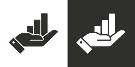 Vector growing graph icon on the hand. Two-tone version on black and white backgroundのイラスト素材