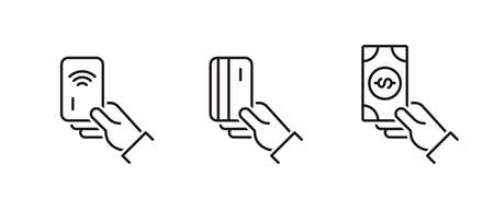 Set of payment options vector elements in flat style. Credit card processing, hand holding debit-credit card, cash and receiptのイラスト素材