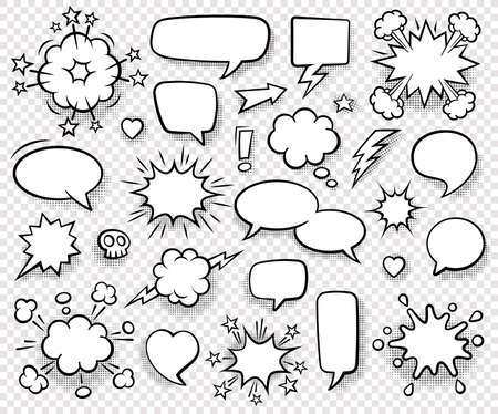 Collection of empty comic speech bubbles with halftone shadows. Hand drawn retro cartoon stickers. Pop art style. Vector illustrationのイラスト素材