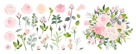 Set of floral branch. Flower pink rose, green leaves. Wedding concept with flowers. Floral poster, invite. Vector arrangements for greeting card or invitation designのイラスト素材