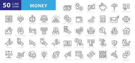 Money line icons. Set of Banking, Wallet and Coins icons. Credit card, Currency exchange and Cashback money service. Euro and Dollar, Cash wallet, exchange. Banking credit card, atm payment. Vectorのイラスト素材