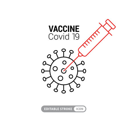 Coronavirus vaccine line icon. Covid-19 syringe sign. Corona virus symbol. Colorful thin line outline concept. Linear style coronavirus vaccine icon. Editable stroke. Vectorのイラスト素材