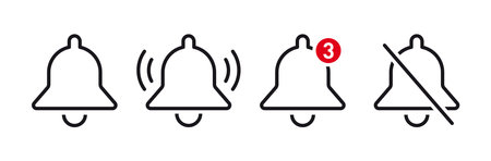 Notification bell icon. Alarm symbol. Incoming inbox message. Ringing bells. Alarm clock and smartphone application alert. Social media element. New message symbol flat style - stock vectorのイラスト素材