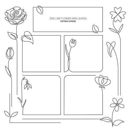 Spring flowers background. Continuous line drawing Frames. Vector illustrationのイラスト素材