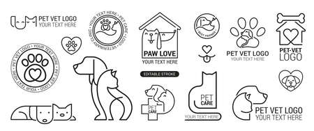 Vet clinic. Pets shop cats dogs domestic animals protection friendly funny symbols vector collection. Illustration vector kitty, domestic animal shop, dog and cat careのイラスト素材