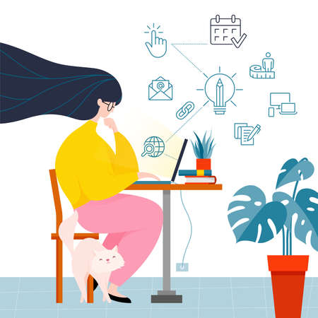 colorful illustration man gamer manager distant remote work internet marketer designer freelancer sits at computer cyber power fluid telework web design businessのイラスト素材