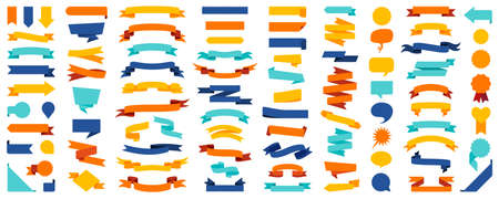 Colorful Vector Ribbon Banners. Set of Ribbons Banners with Label, Tag and Quality Badges. Banners set and colorful Ribbon, isolated on white background. Ribbon Banner in modern simple flat designのイラスト素材