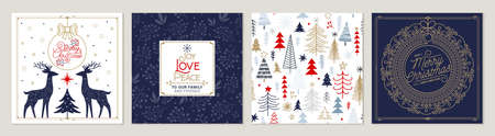 Ornate Merry Christmas greeting cards. Trendy square Winter Holidays art templatesのイラスト素材