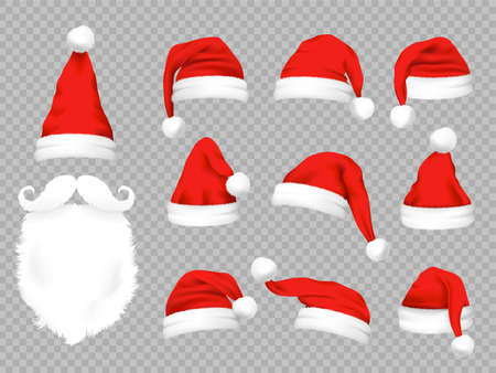 Big set of realistic Santa Hats isolated on transparent background. Vector santa claus hat colllection, holiday cap to xmas illustrationのイラスト素材