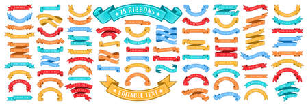 Colorful Vector Ribbon Banners. Set of Ribbons Banners with Label, Tag and Quality Badges. Banners set and colorful Ribbon, isolated on white background. Ribbon Banner in modern simple flat designのイラスト素材