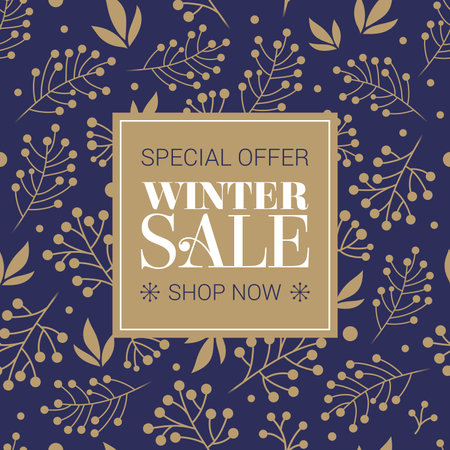 Winter poster with golden Christmas snowflakes and stars. Winter big sale poster. Wiinter backgroundのイラスト素材