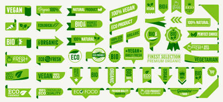 Vegan mark labels. Fresh vegetarian products, eco organic food and recommended healthy product sticker badges vector setのイラスト素材