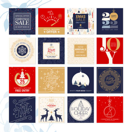 Winter Holidays square templates. Winter sale social media post frame with Christmas tree shape, snowflakes and red berries. Suitable for mobile apps, banner design and web internet adsのイラスト素材