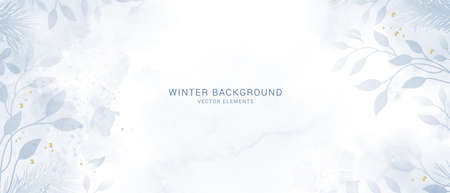 Winter background vector. Hand painted watercolor and gold brush texture, Flower and botanical leaves hand drawing. Abstract art design for wallpaper, wall arts, cover, wedding and invite cardのイラスト素材
