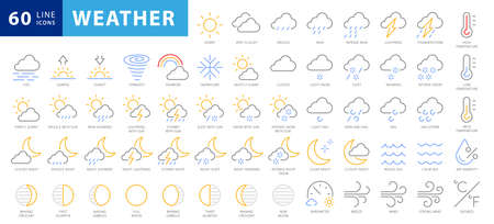 Weather icons set isolated on a white background. Clouds logo and sign collection. Black, blue and yellow colors. Simple modern design. Flat style vector illustrationのイラスト素材