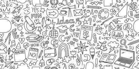 Back to school doodle seamless pattern. Hand drawn background with school supplies and creative elements. Vector illustrationのイラスト素材