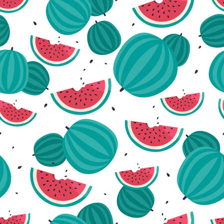 Seamless pattern with pink watermelons and watermelon slices. Hand drawn watermelon pattern on white...