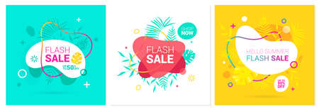 Bright summer sale banner, set of discount posters for hot season. Labels with tropical leaves, ice cream, watermelon, sunglasses.Invitation for shopping, special offer card, template for your designのイラスト素材