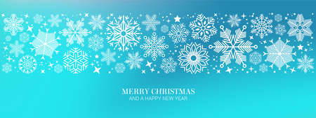 Blue christmas banner with snowflakes. Merry Christmas and Happy New Year greeting banner. Horizontal new year background, headers, posters, cards, websiteのイラスト素材