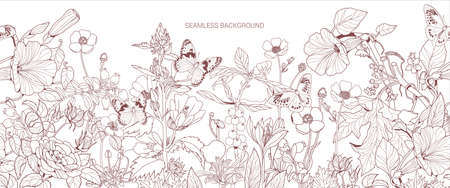 Luxury botanical background with trendy wildflowers and minimalist flowers for wall decoration or wedding. Hand drawn line herb, elegant leaves for invitation save the date cardのイラスト素材