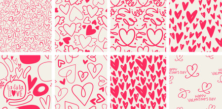 Set of 8 elegant seamless patterns with hand drawn decorative hearts, design elements. Romantic patterns for wedding invitations, greeting cards, scrapbooking, print, gift wrap. Valentines dayのイラスト素材