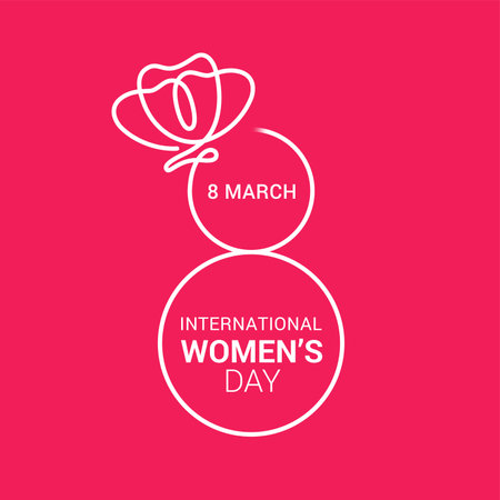 International Women's Day minimal design element, with an outline style 8 number crowned by a rose and descriptive text included inside the number on dark pink background. Full vector illustrationのイラスト素材