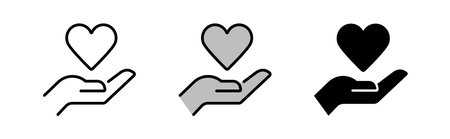 Heart Symbol Hold by a Hand, Charity icon concept. Outline style Icon in White, Gray and Black Colour. Love icon. Health, medicine symbol. Full Vector Designのイラスト素材